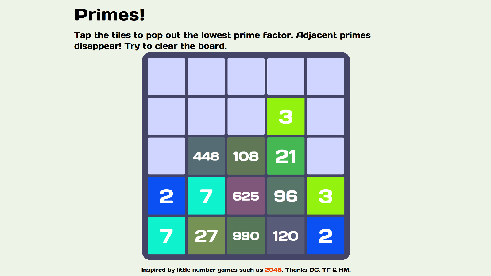 A screenshot of the Primes! game.