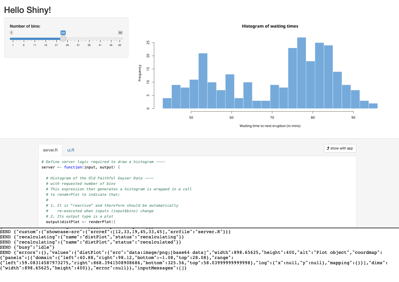 A screenshot of the webR Shiny demo. The shiny app is shown in the top section of the screenshot, an input slider and an output histogram plot. The lower section shows the normally server-side Shiny package console output when tracing is enabled.